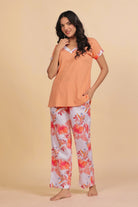 The Kaftan Company Pyjama Set Peach V-Neck Top and Tropical Floral Print Pyjama Loungeset