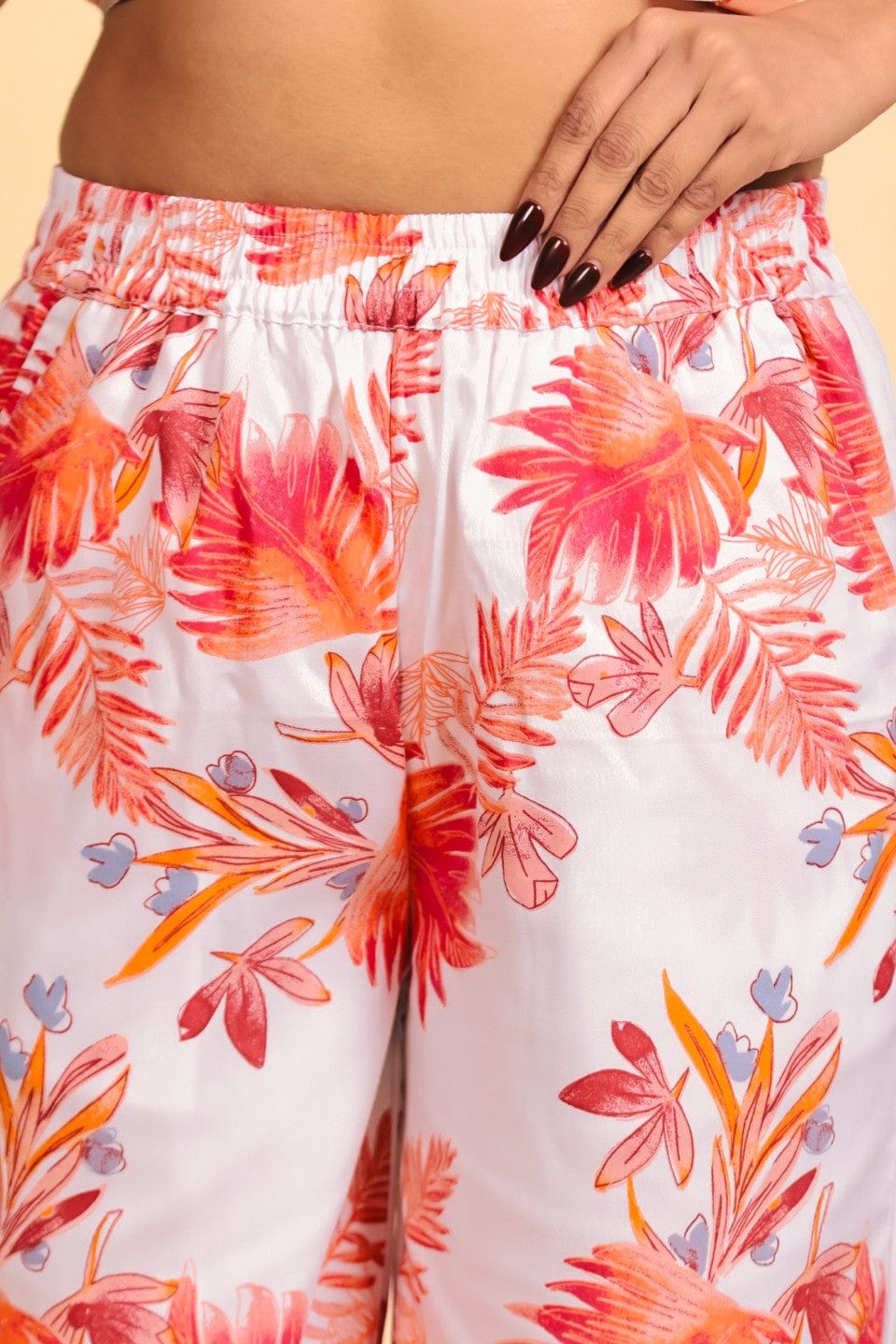 The Kaftan Company Pyjama Set Peach V-Neck Top and Tropical Floral Print Pyjama Loungeset