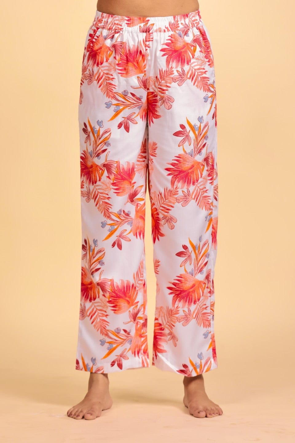 The Kaftan Company Pyjama Set Peach V-Neck Top and Tropical Floral Print Pyjama Loungeset