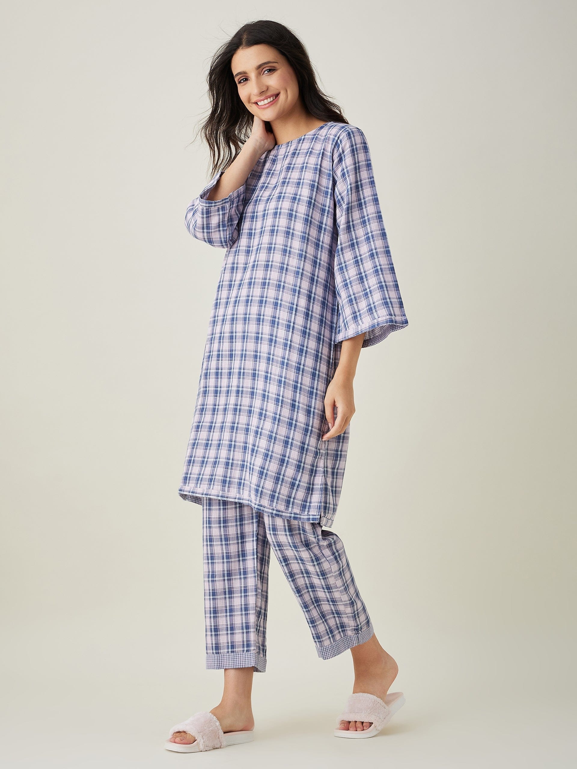 The Kaftan Company Pyjama Set Pink Checks Reversible Cotton Pajama Set