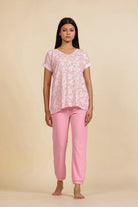 The Kaftan Company Pyjama Set Pink Floral Viscose Rayon Top and Cotton Jogger Nightsuit
