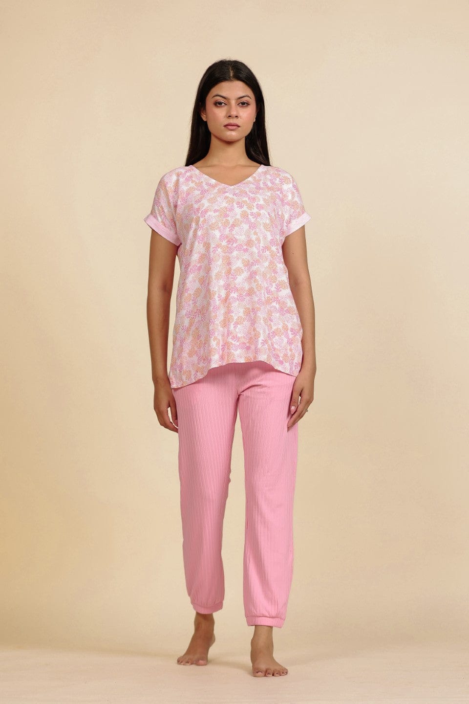 The Kaftan Company Pyjama Set Pink Floral Viscose Rayon Top and Cotton Jogger Nightsuit