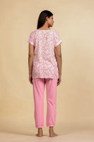 The Kaftan Company Pyjama Set Pink Floral Viscose Rayon Top and Cotton Jogger Nightsuit