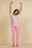 The Kaftan Company Pyjama Set Pink Floral Viscose Rayon Top and Cotton Jogger Nightsuit