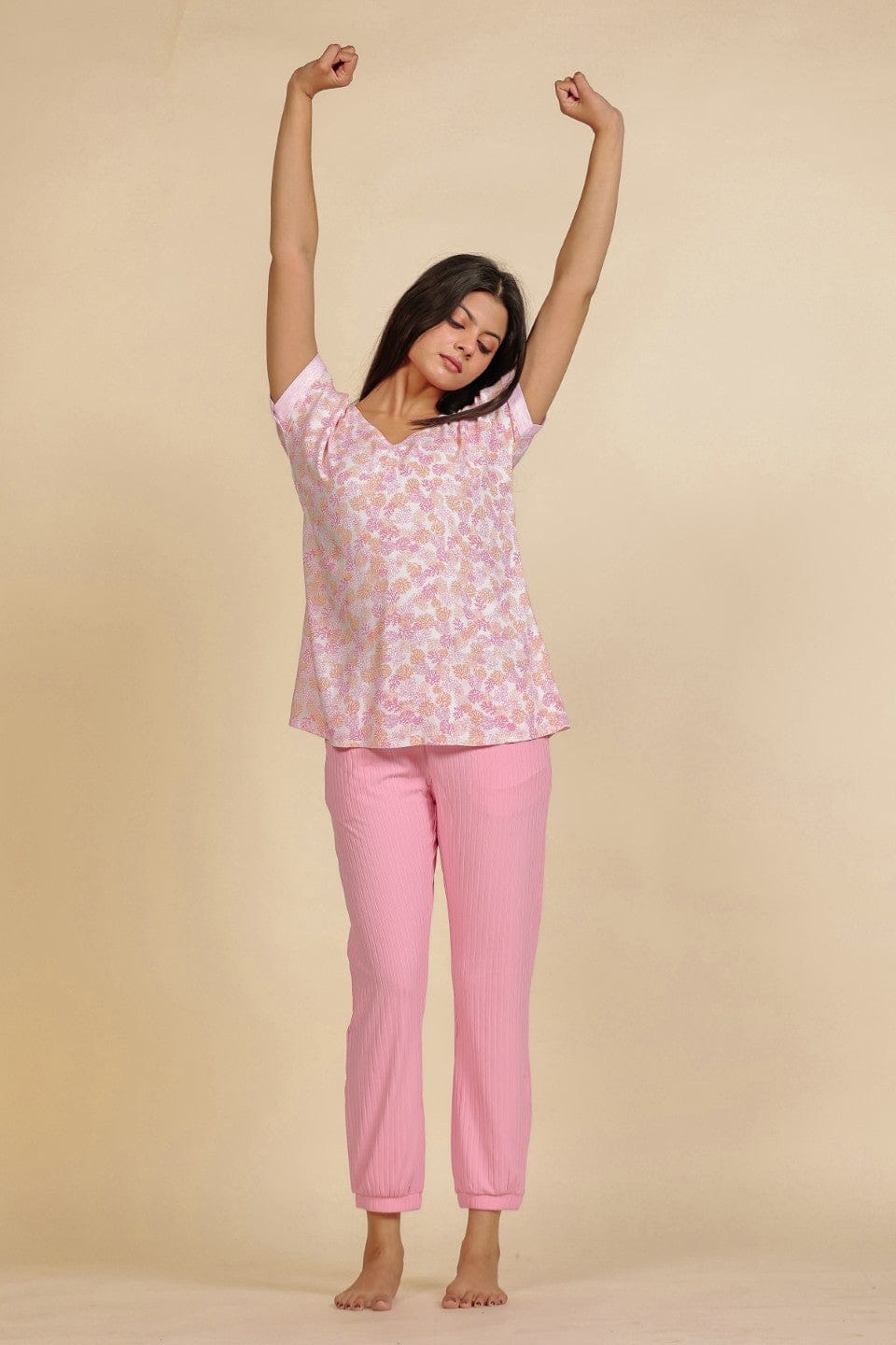 The Kaftan Company Pyjama Set Pink Floral Viscose Rayon Top and Cotton Jogger Nightsuit