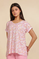 The Kaftan Company Pyjama Set Pink Floral Viscose Rayon Top and Cotton Jogger Nightsuit