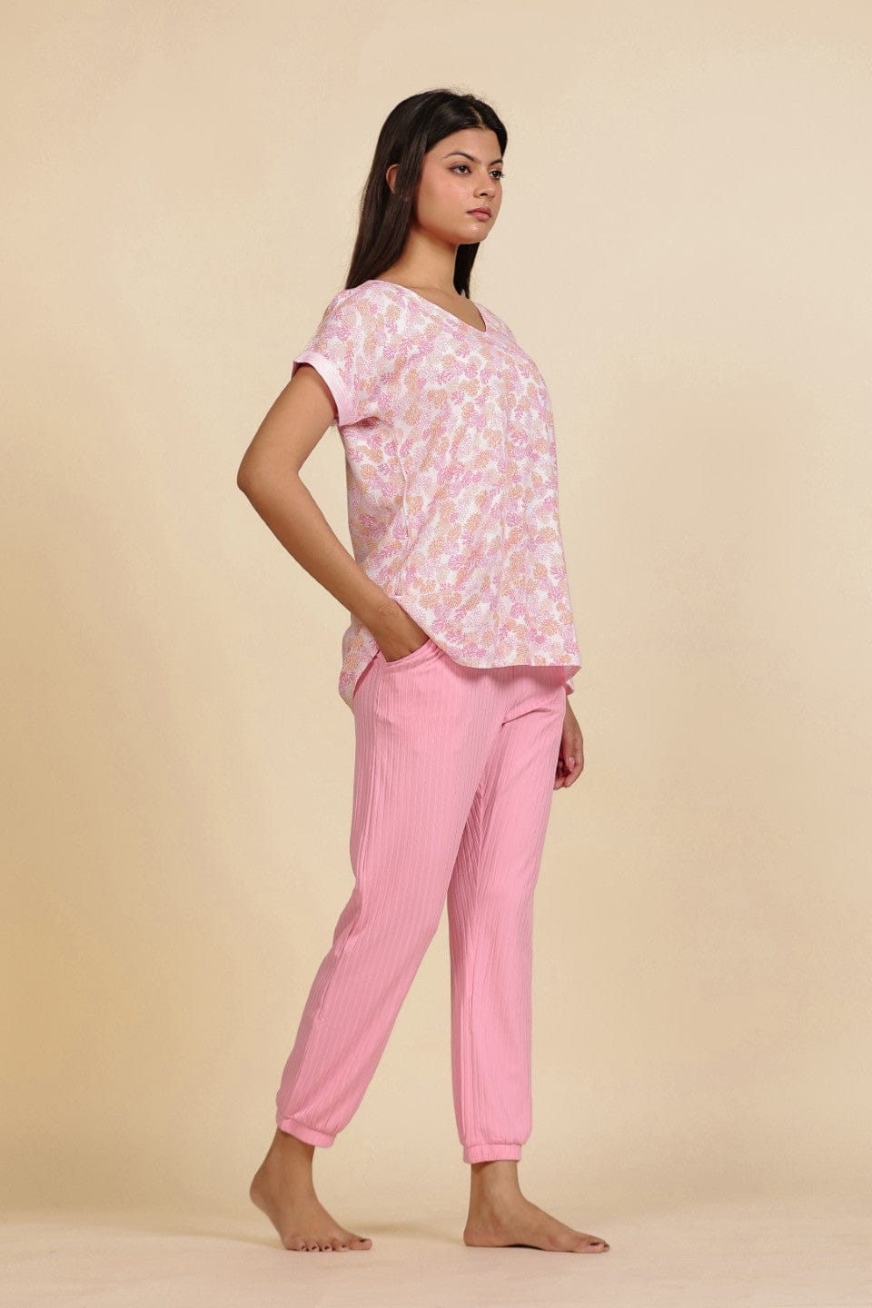 The Kaftan Company Pyjama Set Pink Floral Viscose Rayon Top and Cotton Jogger Nightsuit