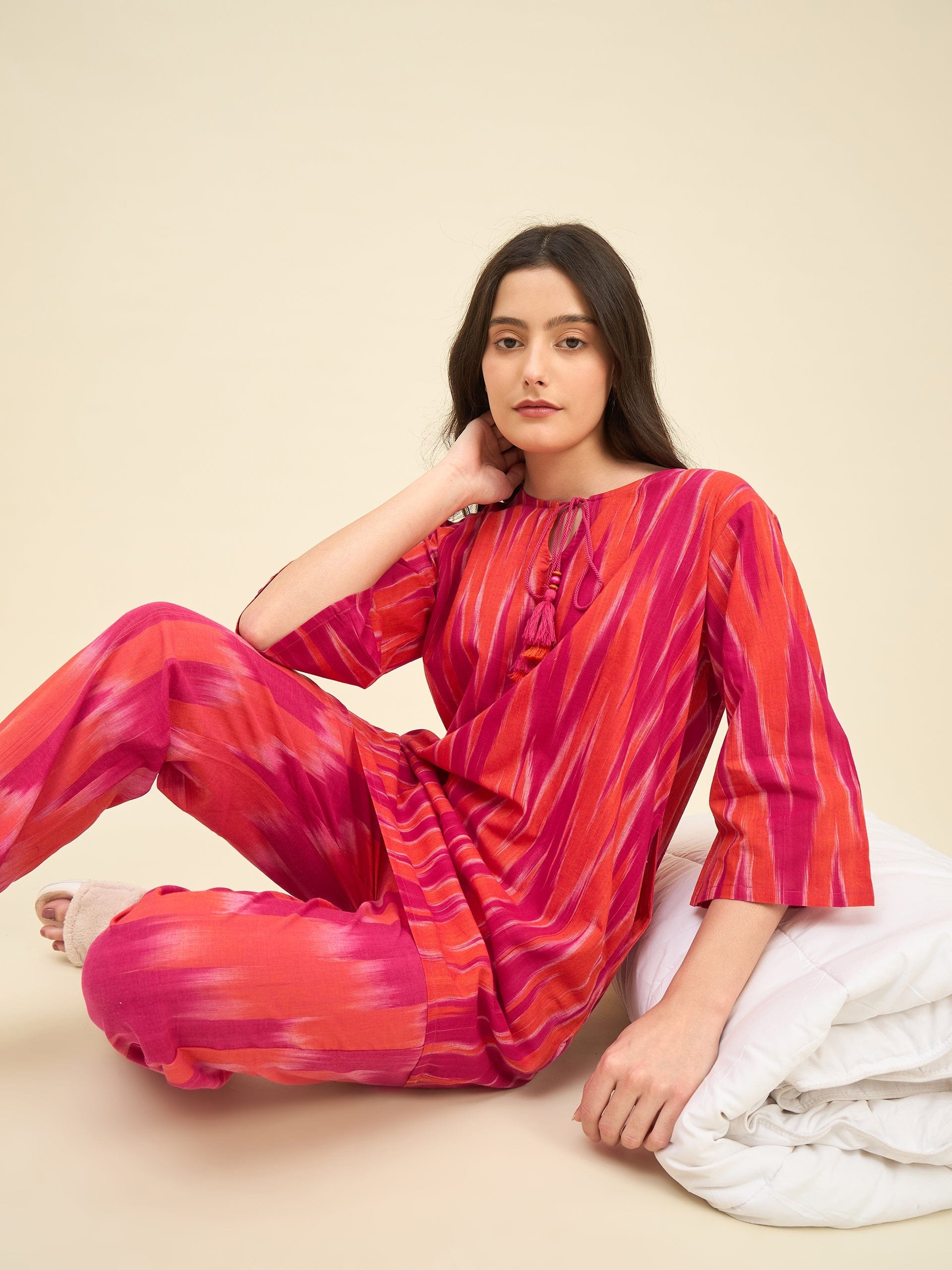 The Kaftan Company Pyjama Set Pink & Orange Ikat Handloom Cotton Co-ord Set – Kurta with Tassel Tie-Up & Pyjamas