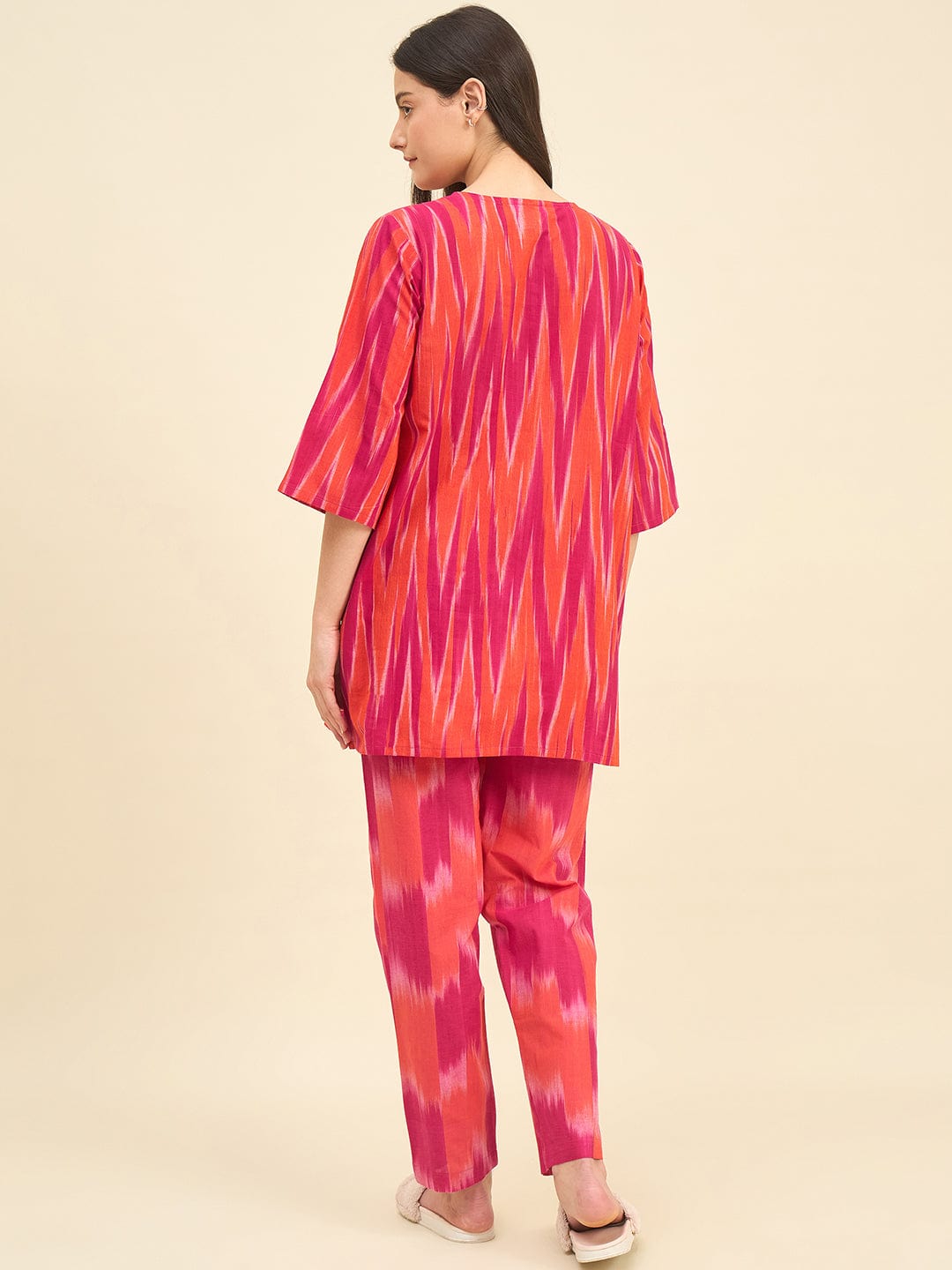The Kaftan Company Pyjama Set Pink & Orange Ikat Handloom Cotton Co-ord Set – Kurta with Tassel Tie-Up & Pyjamas