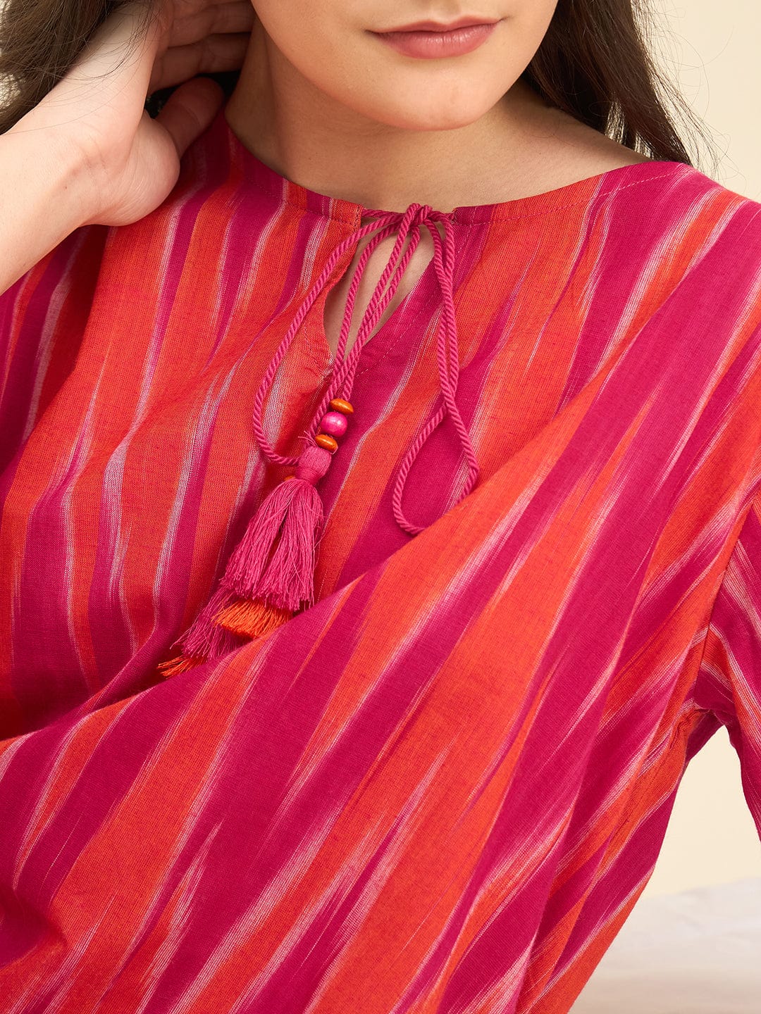 The Kaftan Company Pyjama Set Pink & Orange Ikat Handloom Cotton Co-ord Set – Kurta with Tassel Tie-Up & Pyjamas
