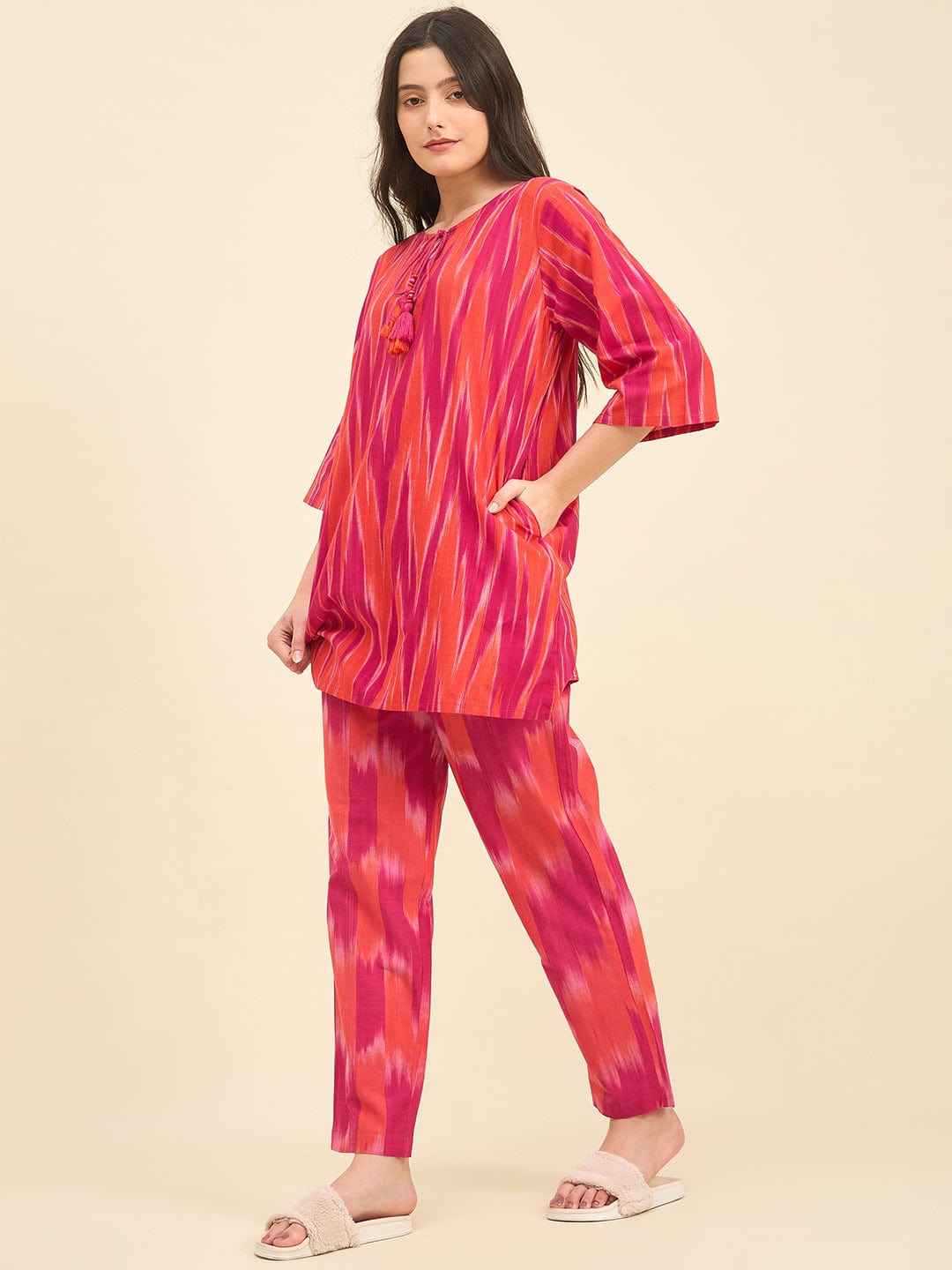 The Kaftan Company Pyjama Set Pink & Orange Ikat Handloom Cotton Co-ord Set – Kurta with Tassel Tie-Up & Pyjamas