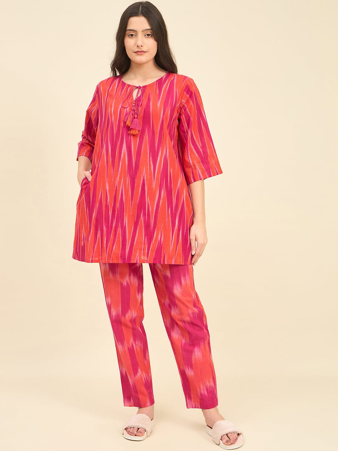 The Kaftan Company Pyjama Set Pink & Orange Ikat Handloom Cotton Co-ord Set – Kurta with Tassel Tie-Up & Pyjamas