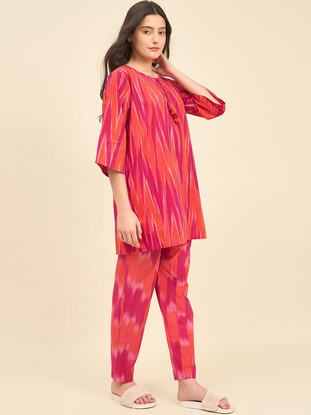 The Kaftan Company Pyjama Set Pink & Orange Ikat Handloom Cotton Co-ord Set – Kurta with Tassel Tie-Up & Pyjamas