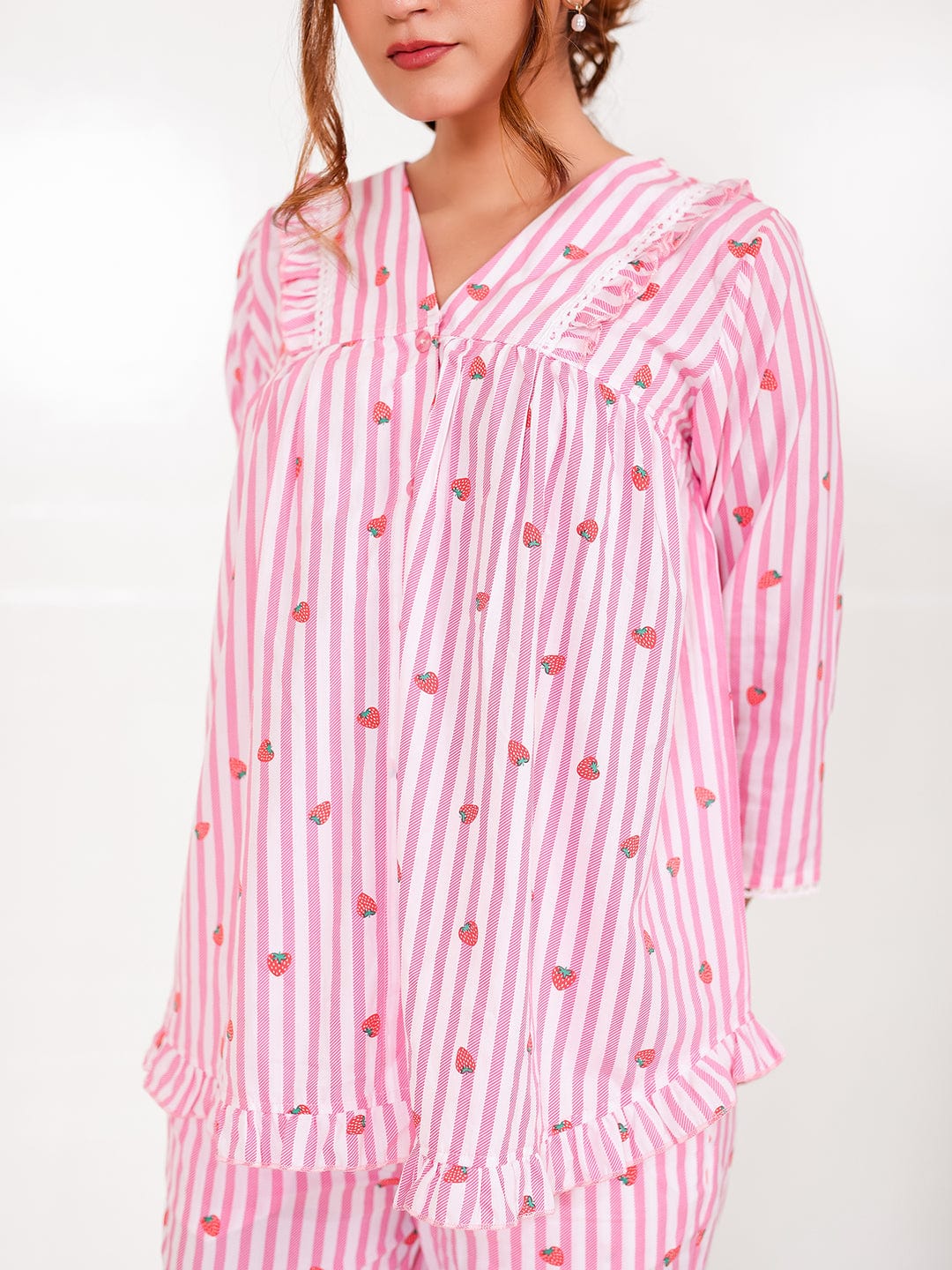 The Kaftan Company Pyjama Set Pink Stripe Viscose Rayon Pyjama Set with Ruffle Top