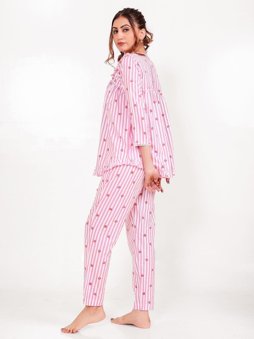 The Kaftan Company Pyjama Set Pink Stripe Viscose Rayon Pyjama Set with Ruffle Top