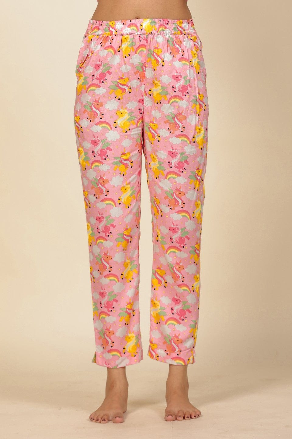The Kaftan Company Pyjama Set Pink Unicorn and Rainbow Print Viscose Nightsuit with Ruffle and Lace Accents