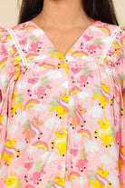 The Kaftan Company Pyjama Set Pink Unicorn and Rainbow Print Viscose Nightsuit with Ruffle and Lace Accents