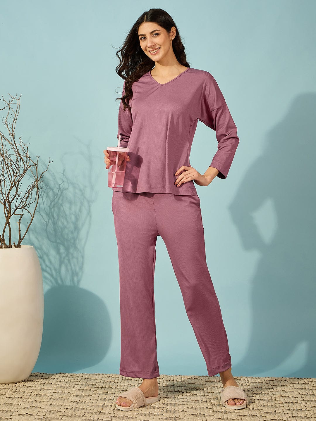 Buy Purple V Neck Ribbed Soft Pyjama Set For Women The Kaftan
