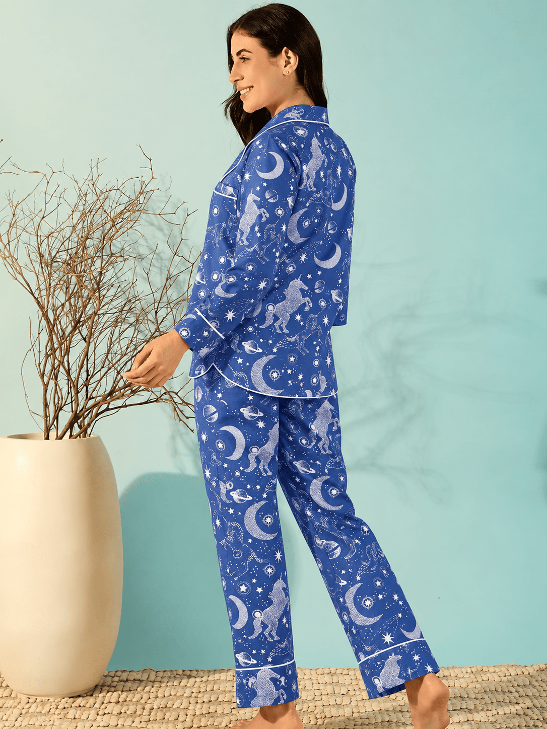 The Kaftan Company Pyjama Set Royal Blue Celestial Unicorn Print Crepe Pyjama Set with Eye Mask