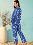 The Kaftan Company Pyjama Set Royal Blue Celestial Unicorn Print Crepe Pyjama Set with Eye Mask
