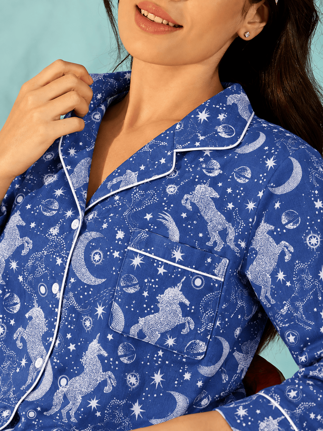 The Kaftan Company Pyjama Set Royal Blue Celestial Unicorn Print Crepe Pyjama Set with Eye Mask