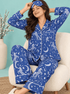 The Kaftan Company Pyjama Set Royal Blue Celestial Unicorn Print Crepe Pyjama Set with Eye Mask