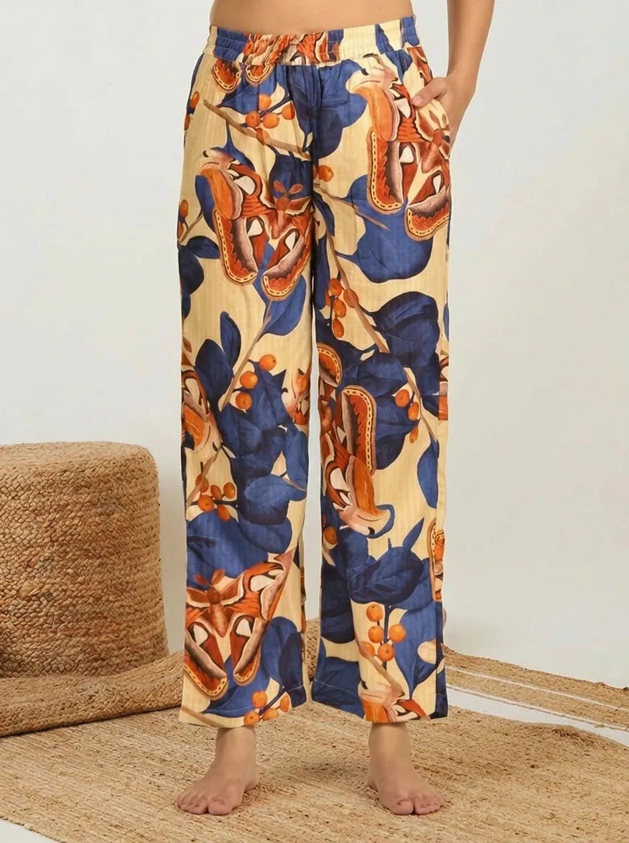 The Kaftan Company Pyjama Set Royal Blue Solid Top with Botanical Print Pyjama Set for Women