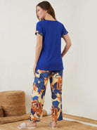 The Kaftan Company Pyjama Set Royal Blue Solid Top with Botanical Print Pyjama Set for Women