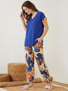 The Kaftan Company Pyjama Set Royal Blue Solid Top with Botanical Print Pyjama Set for Women