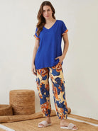 The Kaftan Company Pyjama Set Royal Blue Solid Top with Botanical Print Pyjama Set for Women