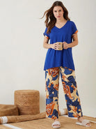 The Kaftan Company Pyjama Set Royal Blue Solid Top with Botanical Print Pyjama Set for Women