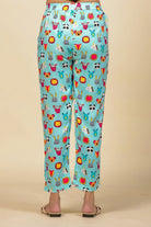 The Kaftan Company Pyjama Set Turquoise Animal Motif Print Viscose Nightsuit with Ruffle and Lace Detail