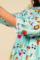 The Kaftan Company Pyjama Set Turquoise Animal Motif Print Viscose Nightsuit with Ruffle and Lace Detail