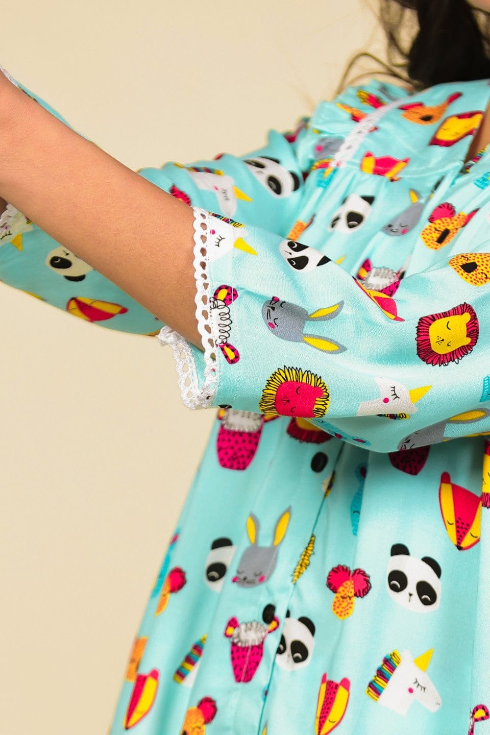 The Kaftan Company Pyjama Set Turquoise Animal Motif Print Viscose Nightsuit with Ruffle and Lace Detail