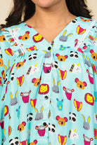 The Kaftan Company Pyjama Set Turquoise Animal Motif Print Viscose Nightsuit with Ruffle and Lace Detail