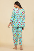 The Kaftan Company Pyjama Set Turquoise Animal Motif Print Viscose Nightsuit with Ruffle and Lace Detail