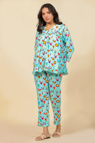 The Kaftan Company Pyjama Set Turquoise Animal Motif Print Viscose Nightsuit with Ruffle and Lace Detail