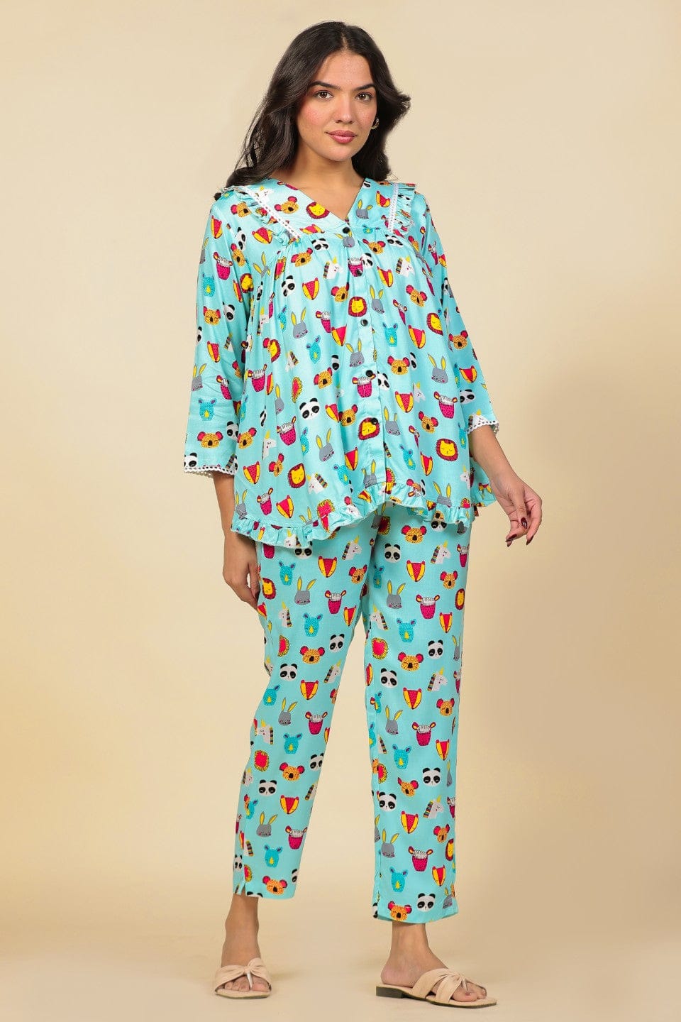 The Kaftan Company Pyjama Set Turquoise Animal Motif Print Viscose Nightsuit with Ruffle and Lace Detail