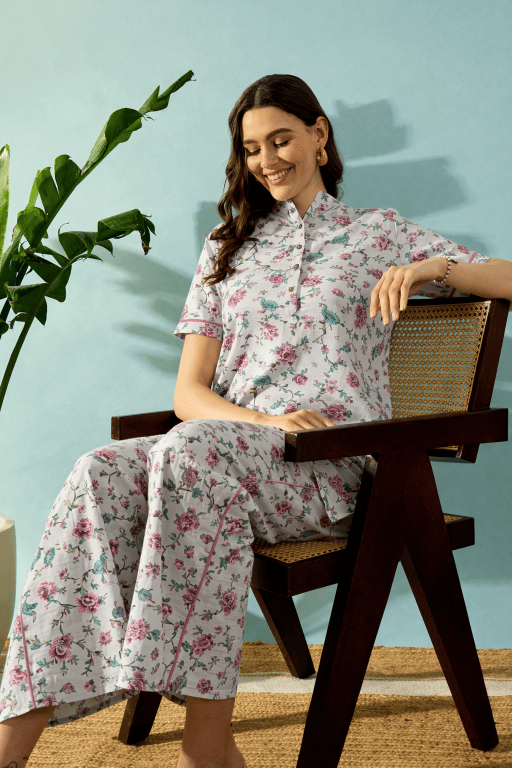 The Kaftan Company Pyjama Set White Floral Bird Print Cotton Nightwear Pyjama Set