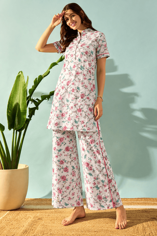 The Kaftan Company Pyjama Set White Floral Bird Print Cotton Nightwear Pyjama Set
