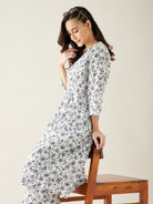 The Kaftan Company Pyjama Set White Floral Soft Cotton Pyjama Set with Long Top for Women