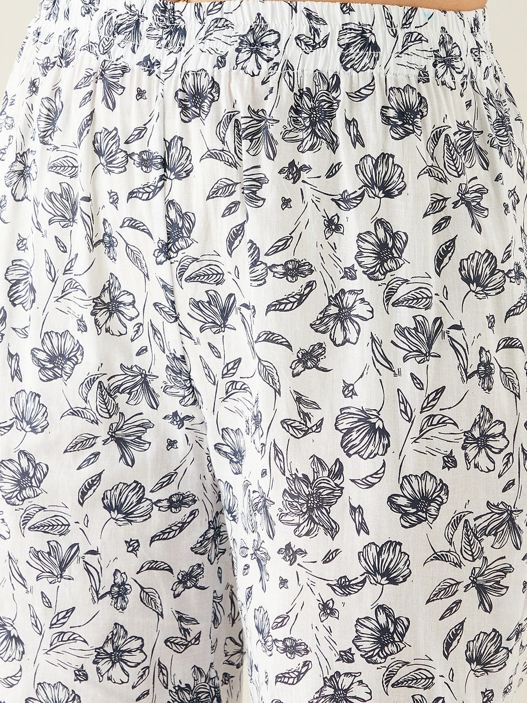 The Kaftan Company Pyjama Set White Floral Soft Cotton Pyjama Set with Long Top for Women