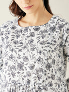 The Kaftan Company Pyjama Set White Floral Soft Cotton Pyjama Set with Long Top for Women