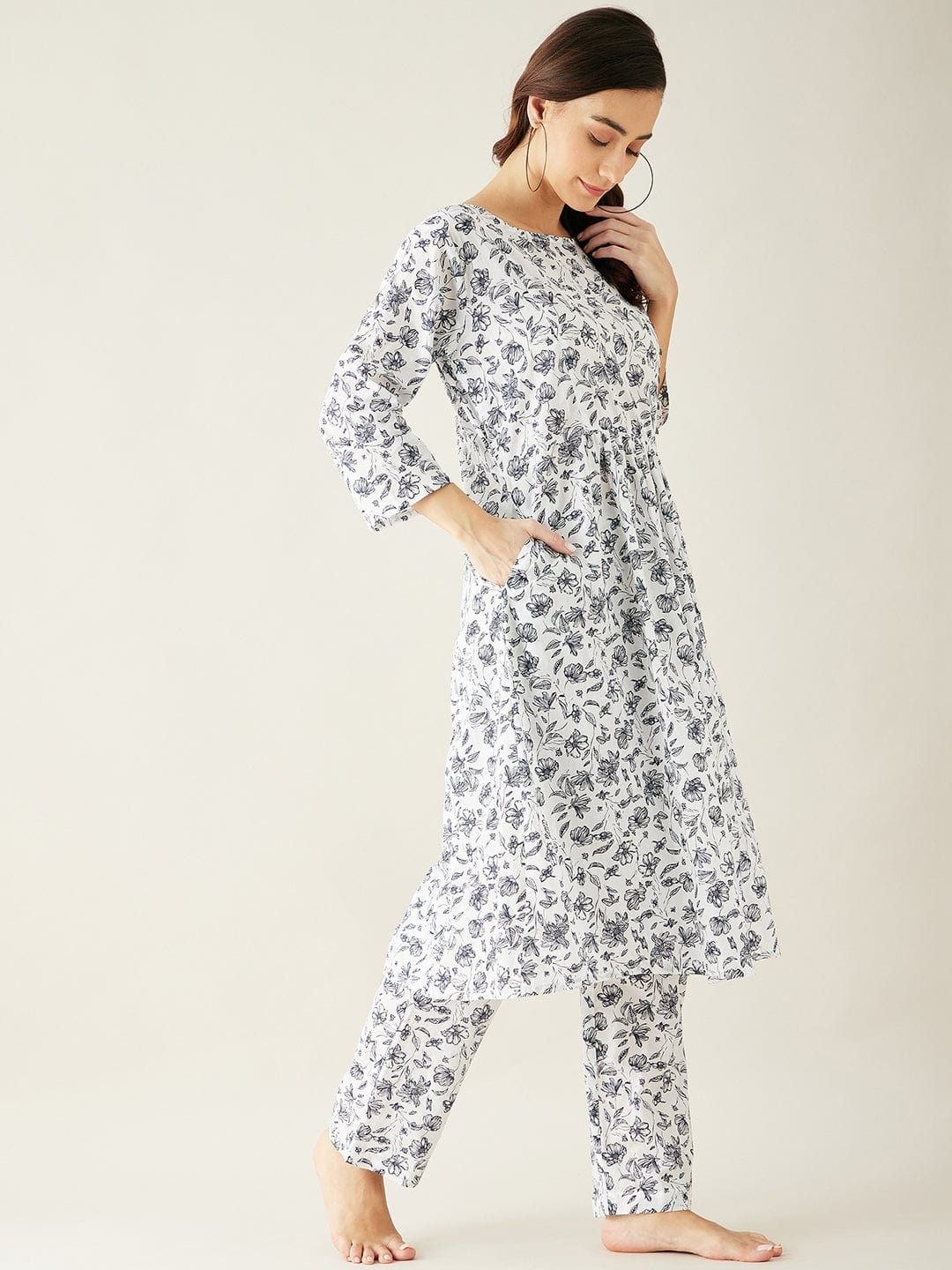 The Kaftan Company Pyjama Set White Floral Soft Cotton Pyjama Set with Long Top for Women
