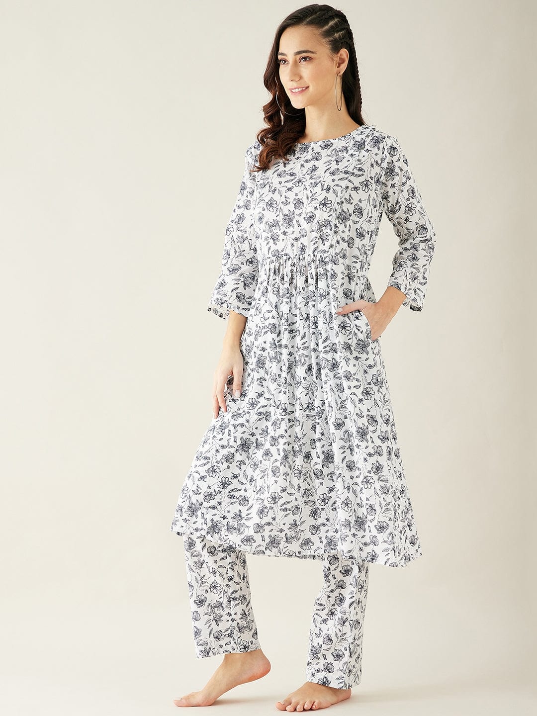 The Kaftan Company Pyjama Set White Floral Soft Cotton Pyjama Set with Long Top for Women
