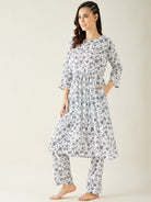 The Kaftan Company Pyjama Set White Floral Soft Cotton Pyjama Set with Long Top for Women