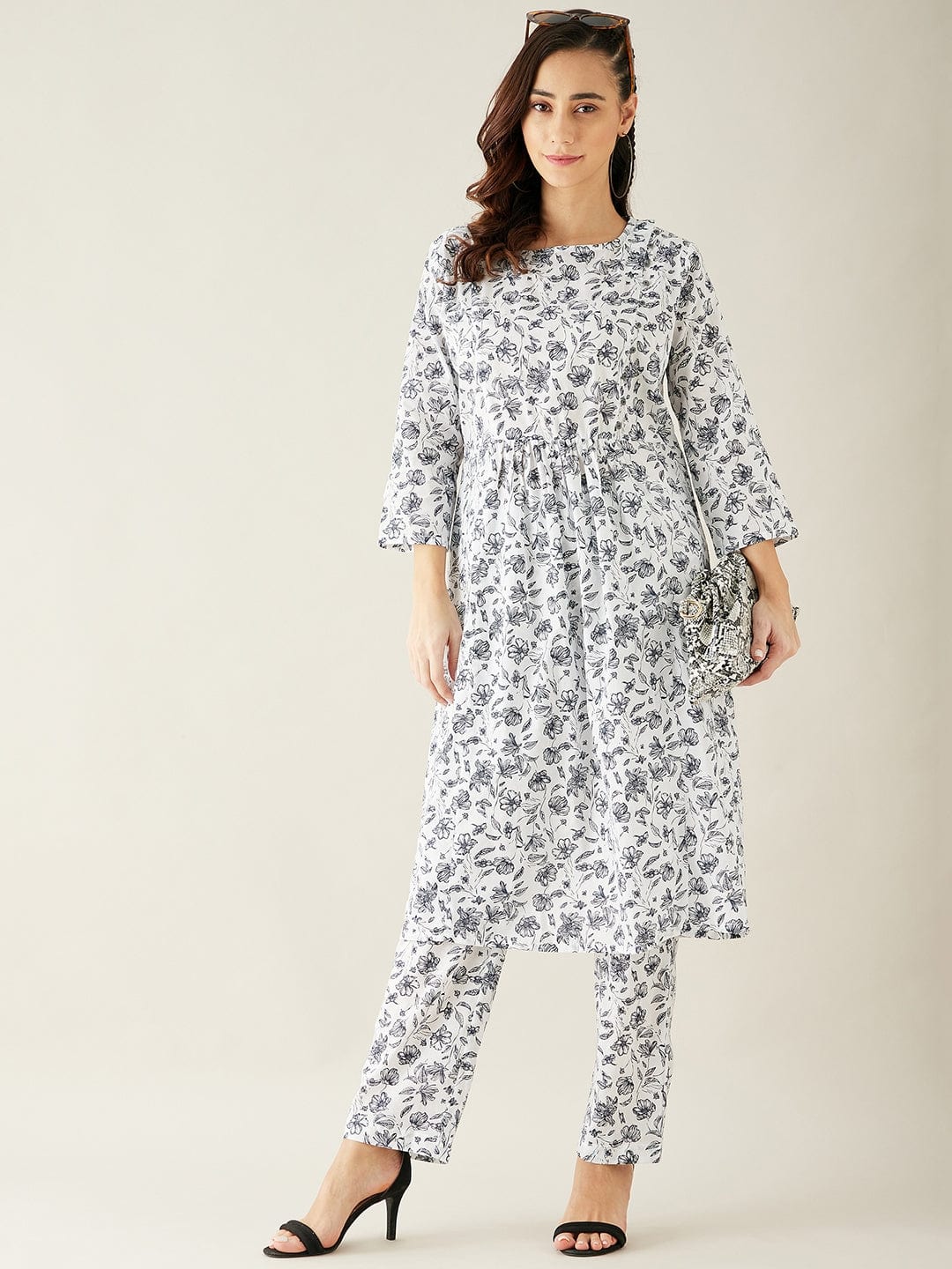 The Kaftan Company Pyjama Set White Floral Soft Cotton Pyjama Set with Long Top for Women