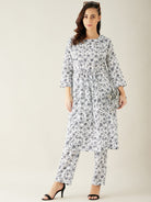 The Kaftan Company Pyjama Set White Floral Soft Cotton Pyjama Set with Long Top for Women