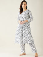 The Kaftan Company Pyjama Set White Floral Soft Cotton Pyjama Set with Long Top for Women