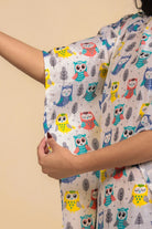 The Kaftan Company Pyjama Set White Playful Owl Print Cotton Lounge Set